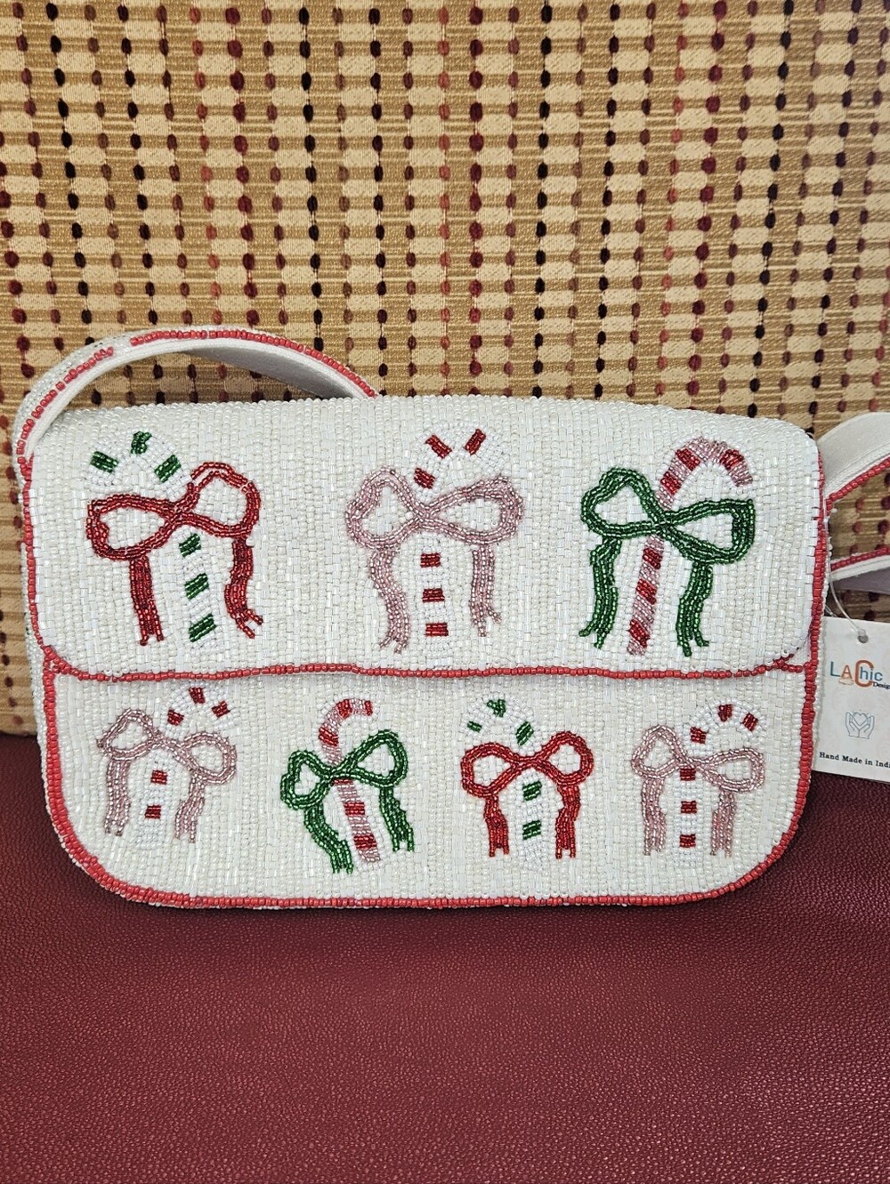 LA Chic Beaded Candy Cane Bow Crossbody Bag - White with Red & Green